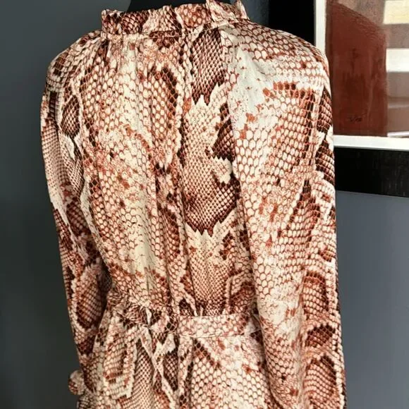 THML rust/brown tones stretch snakeskin print ruffle accent midi. Small.